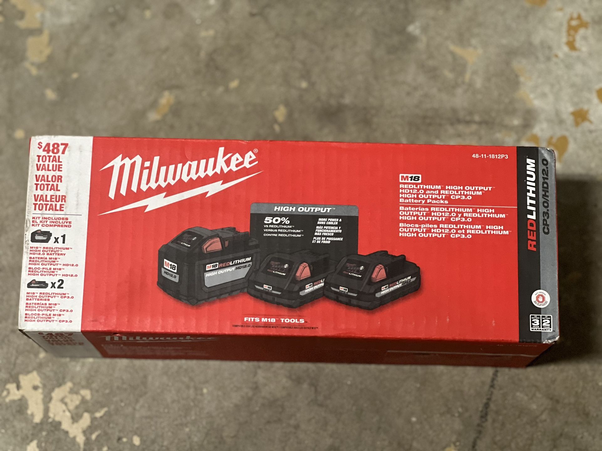 Milwaukee M18 Red Lithium High Output (1) HD 12.0 & (2) CP 3.0 Battery Pk #48-11-1812P3
