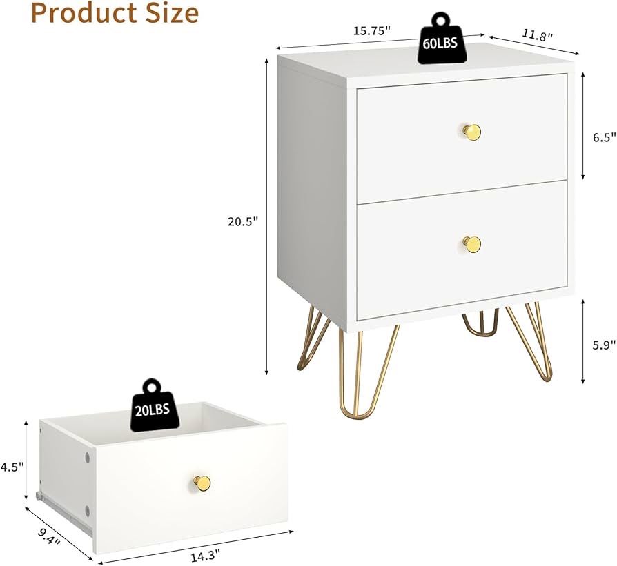 White Nightstand Set of 2, White and Gold Night Stand with 2 Drawers, Modern End Table with Metal Legs and Gold Handles, Bedside Table for Bedroom, Ha