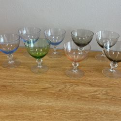 Set Of 8 Fragile Thin Glass Footed Goblets Blue Peach Green Smoky Brown