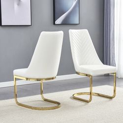 White Tufted Faux Leather Side Chair with Chrome Gold Base – Set of 2