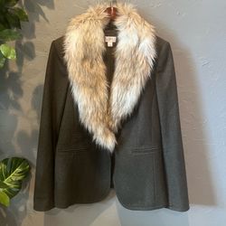 LOFT Wool Blazer Dark Olive Gray Size 12 Faux Fur Collar Y2K Classic Tailored Jacket 12