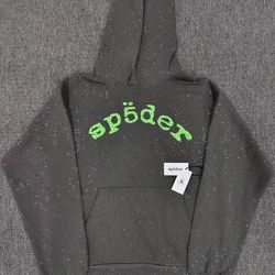 smokey gray vvs spider hoodie with green lettering 