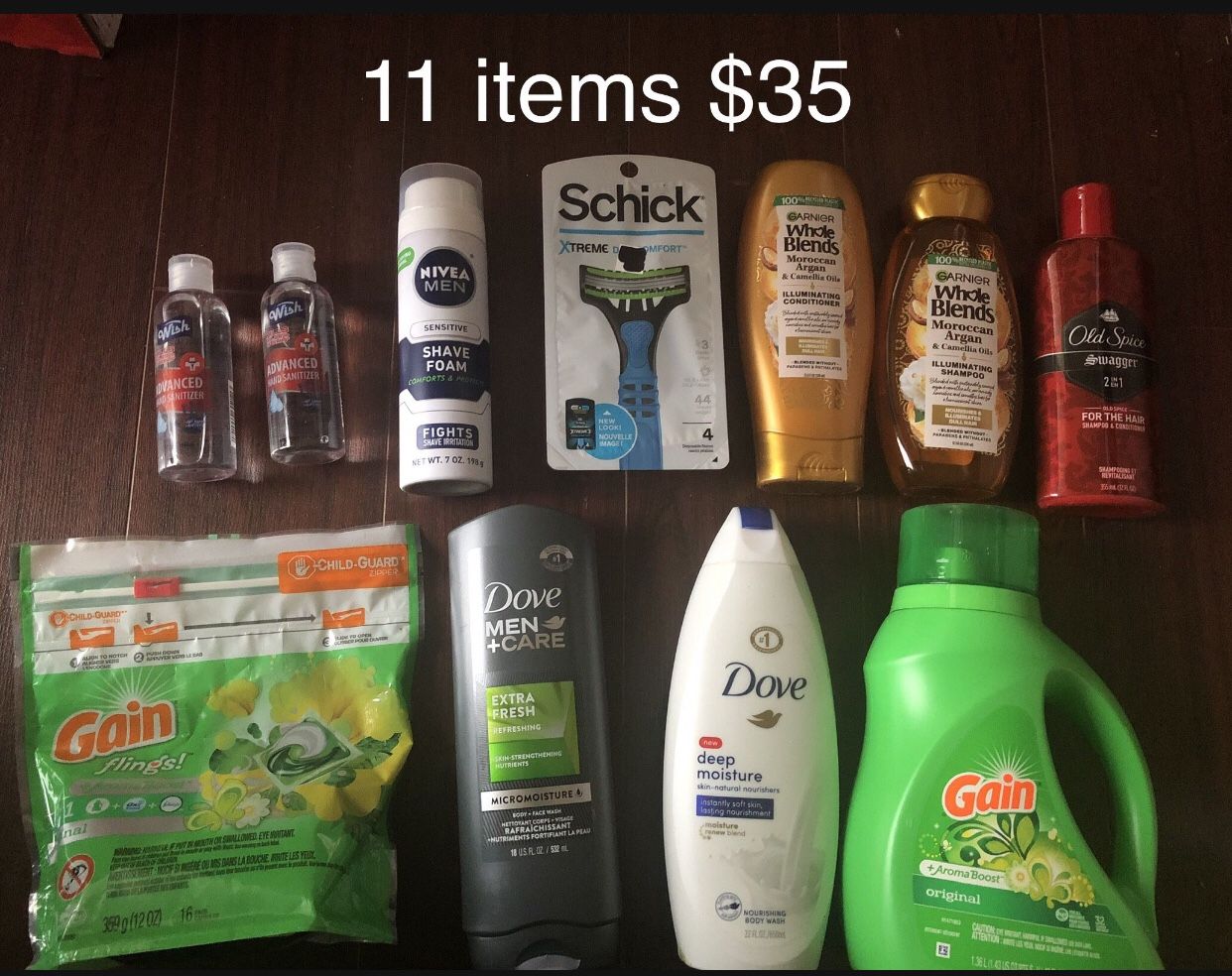 2 Gain Laundry Soap; 2 Dove Body Wash; 2 Garnier Shampoo Conditioner; 1 Old Spice Hair; 1 Schick Razor, 1 Nivea Shave Gel; 2 Hand Saniti:11 Item $35