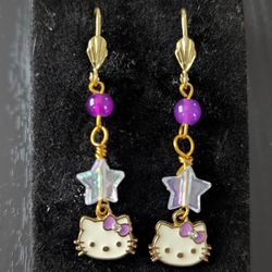 Handmade Hello Kitty Iridescent Star Earrings – Unique, Cute Purple Enamel Charm with Lever Back Hooks