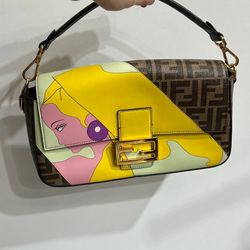 Fendi Antonio Lopez Baguette NM Bag Zucca Coated Canvas with Printed Leather Inl