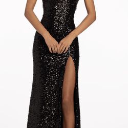 Camille La Vie Black one shoulder sequin dress with high side slit in size 4