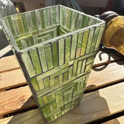 This is a vintage green mosaic glass vase, possibly from the 1970s