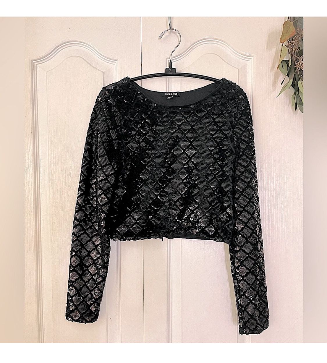 Express Black Reflective Sequin Long Sleeve Slim Crop Top Shimmer Party Shirt