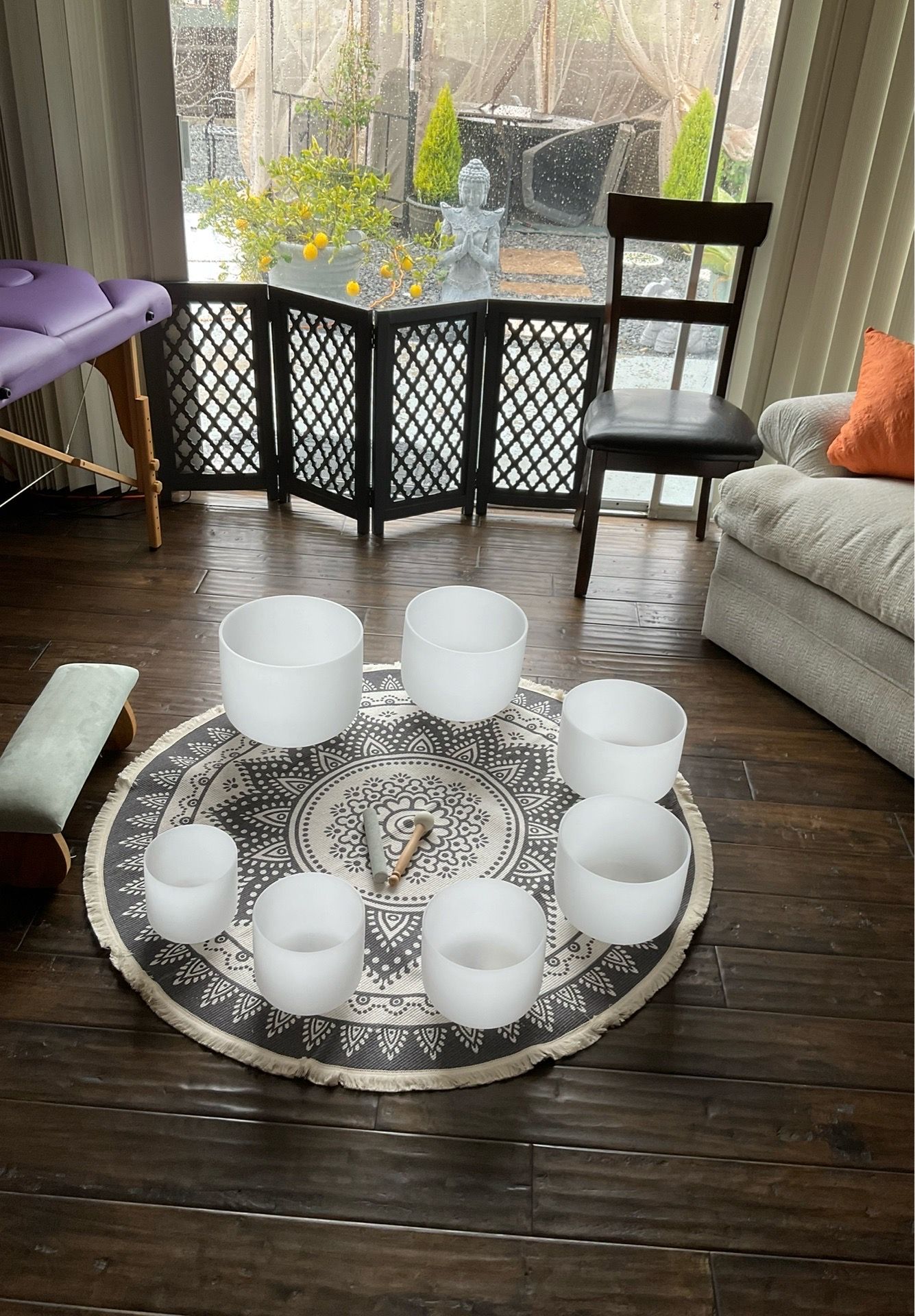 7-Piece Frosted Crystal Singing Bowl Set with Purple Carrying Cases, Mallets