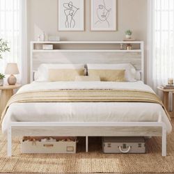 LIKIMIO Full Size Bed Frame with 2-Tier Storage Shelf Headboard