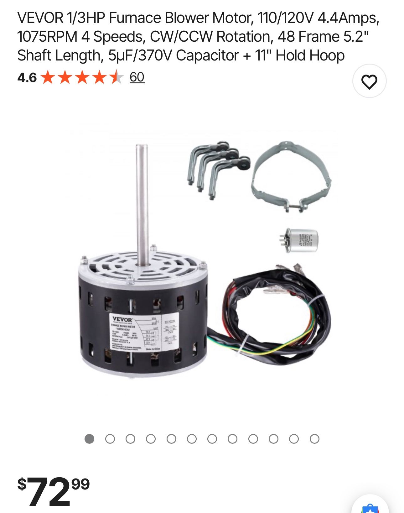 VEVOR 1/3HP Furnace Blower Motor, 110/120V 