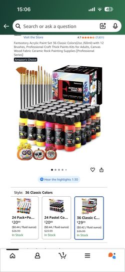 Fantastory Acrylic Paint Set 36 Classic Colors(2oz /60ml) with 12 Brushes, Professional Craft Thick Paints Kits for Adults, Canvas Wood Fabric Ceramic