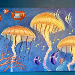 Large Nautical Jellyfish Painting On Canvas By Rick Novak 48”x36”