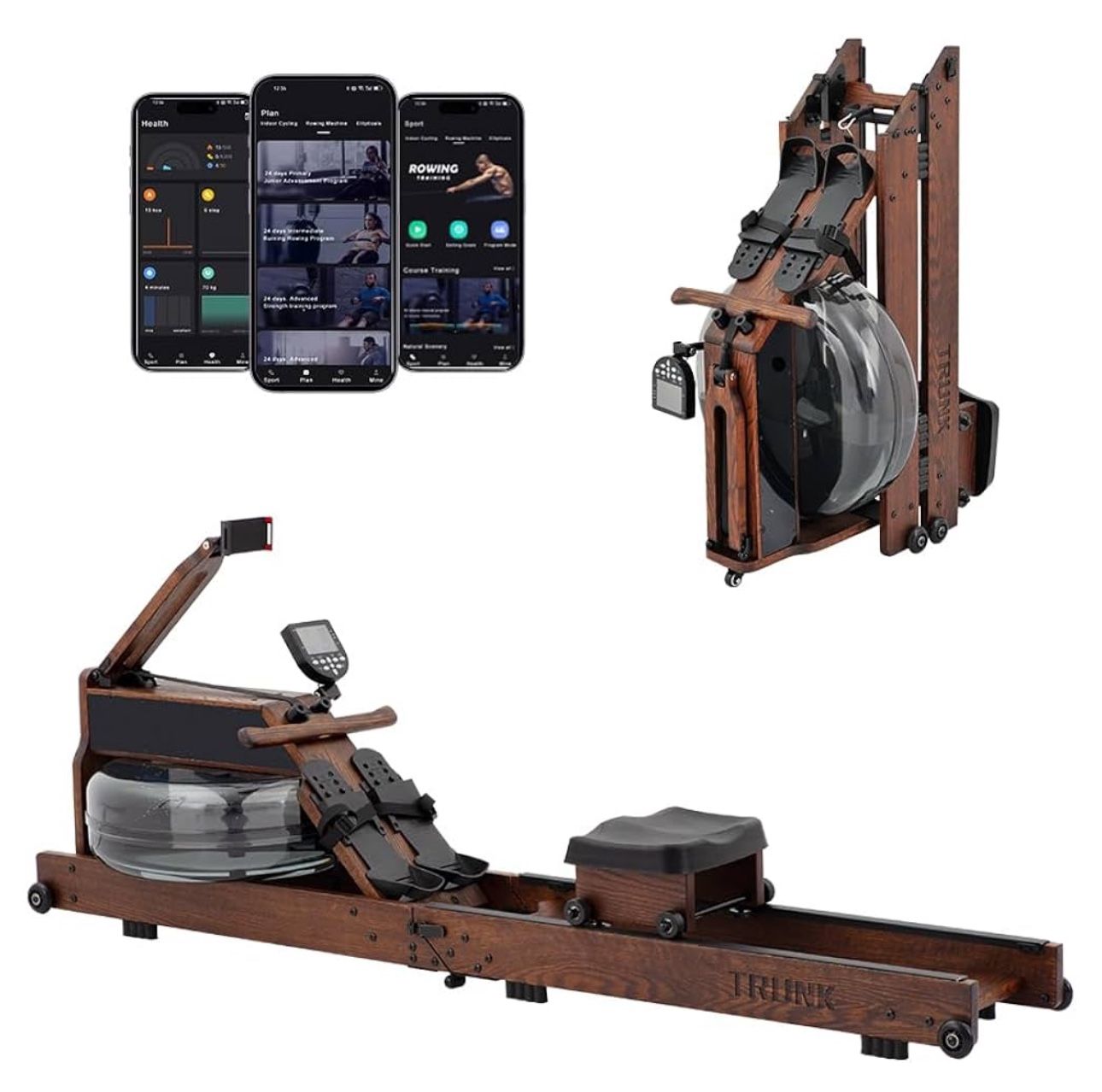 TRUNK Foldable Water Rowing Machine for Home Use, Classic Solid Wood Rower Machine with Bluetooth Monitor Whole Body Exercise Cardio Training