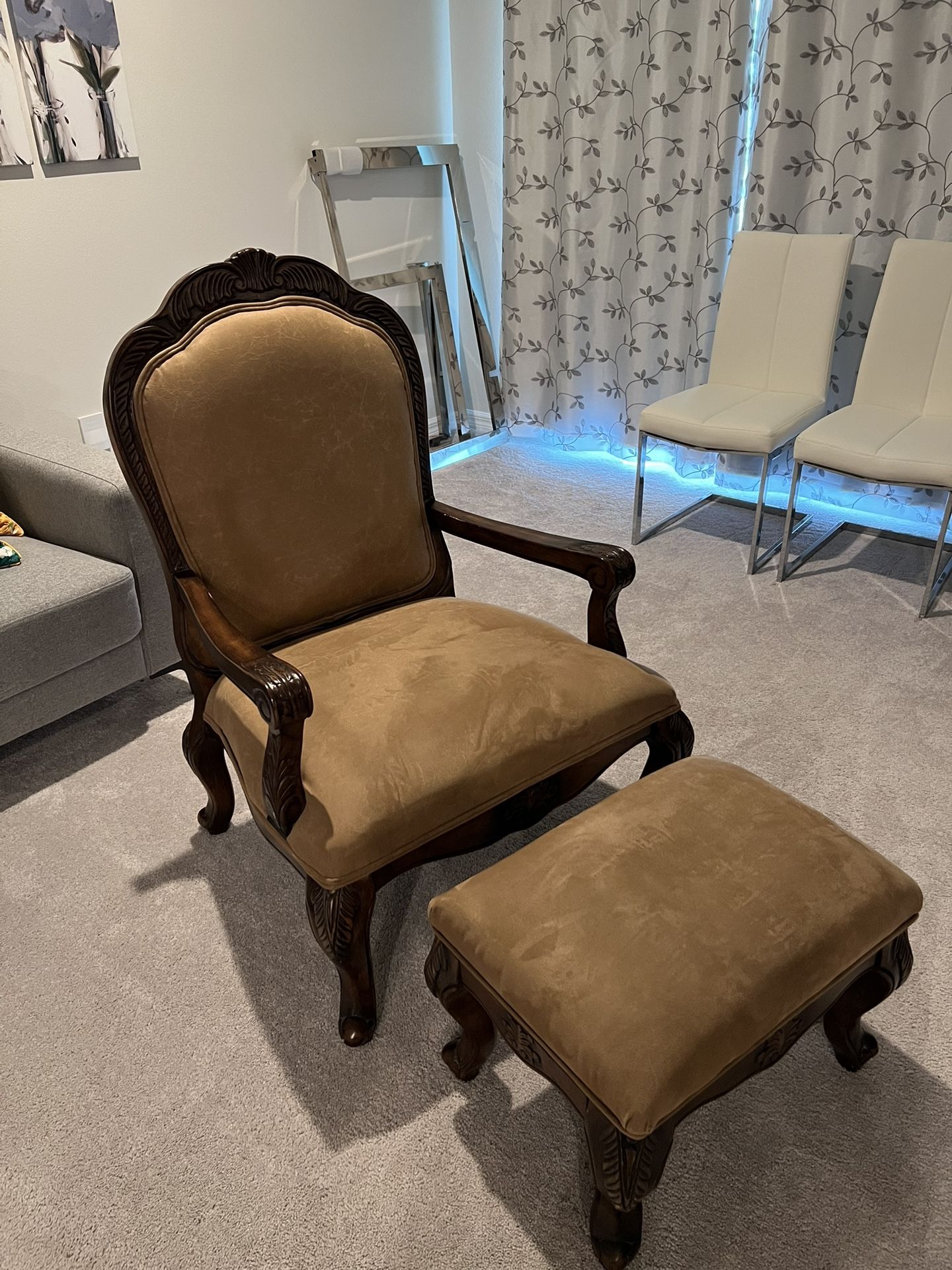 Dark Oak Finish Chair and Ottoman