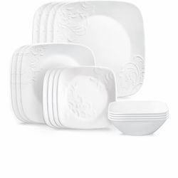 Corelle Cherish 16pc Dinnerware Set, Service for 4, 8 Plates 8 Bowls, Chip & Break Resistant, White Corelleware