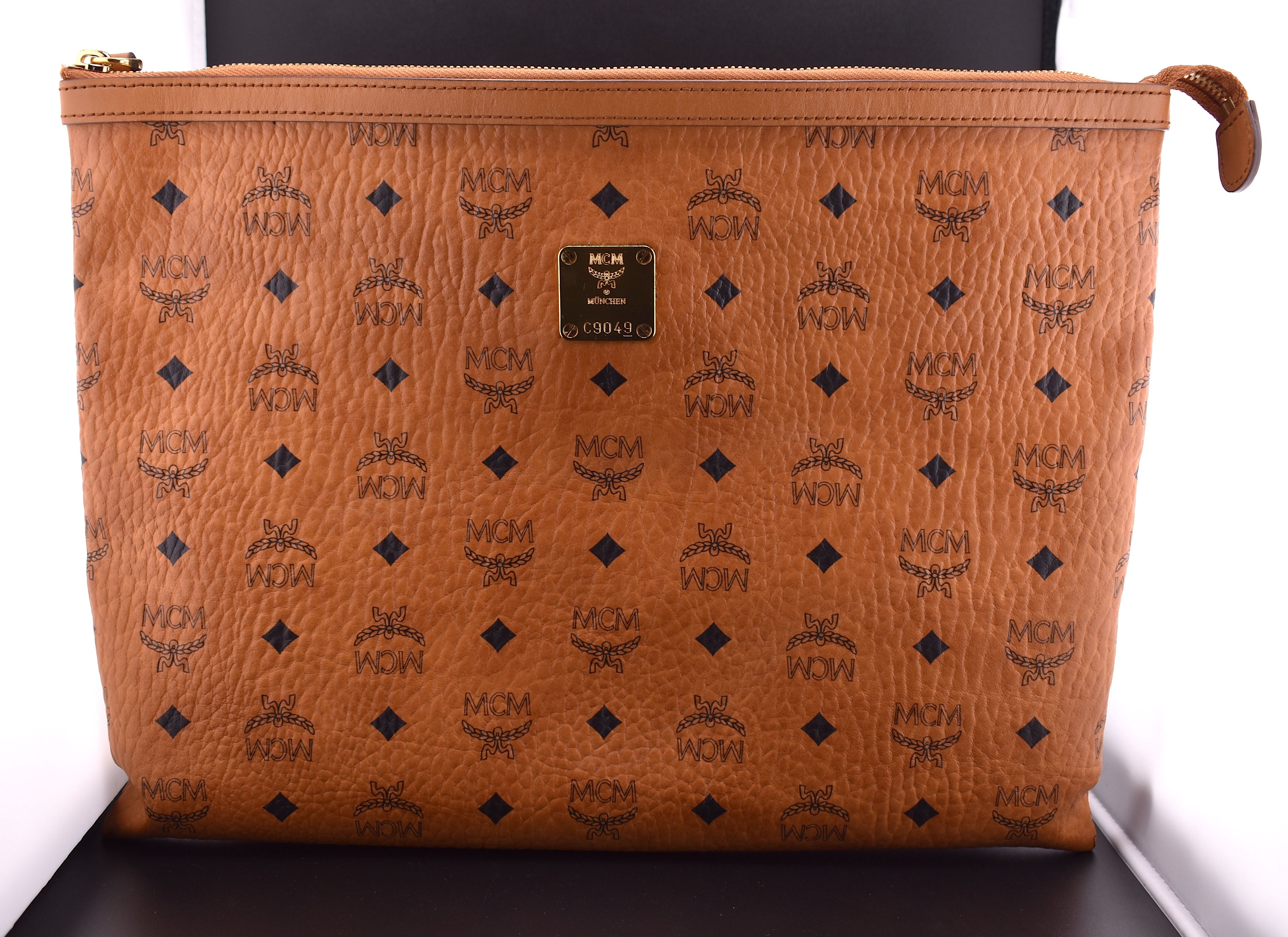 MCM Visetos Cognac Heritage Pouch Bag Large