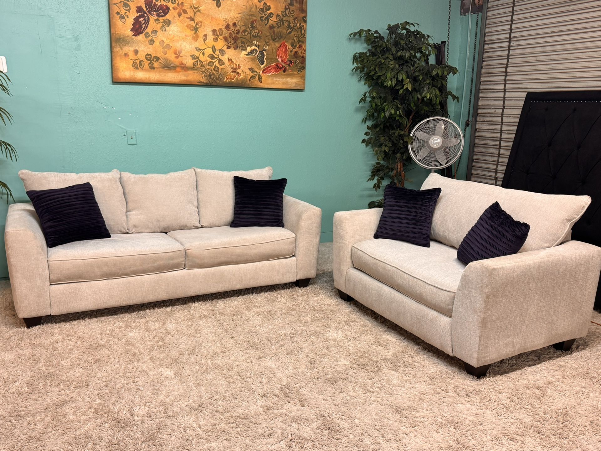 Very Pretty Stone Color Couch & Love Seat Living Room Set (Throw Pillows Not Included)