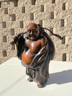Large 19” Bronze Metal Laughing Buddha Statue – Vintage Japanese Hotei (Heavy)