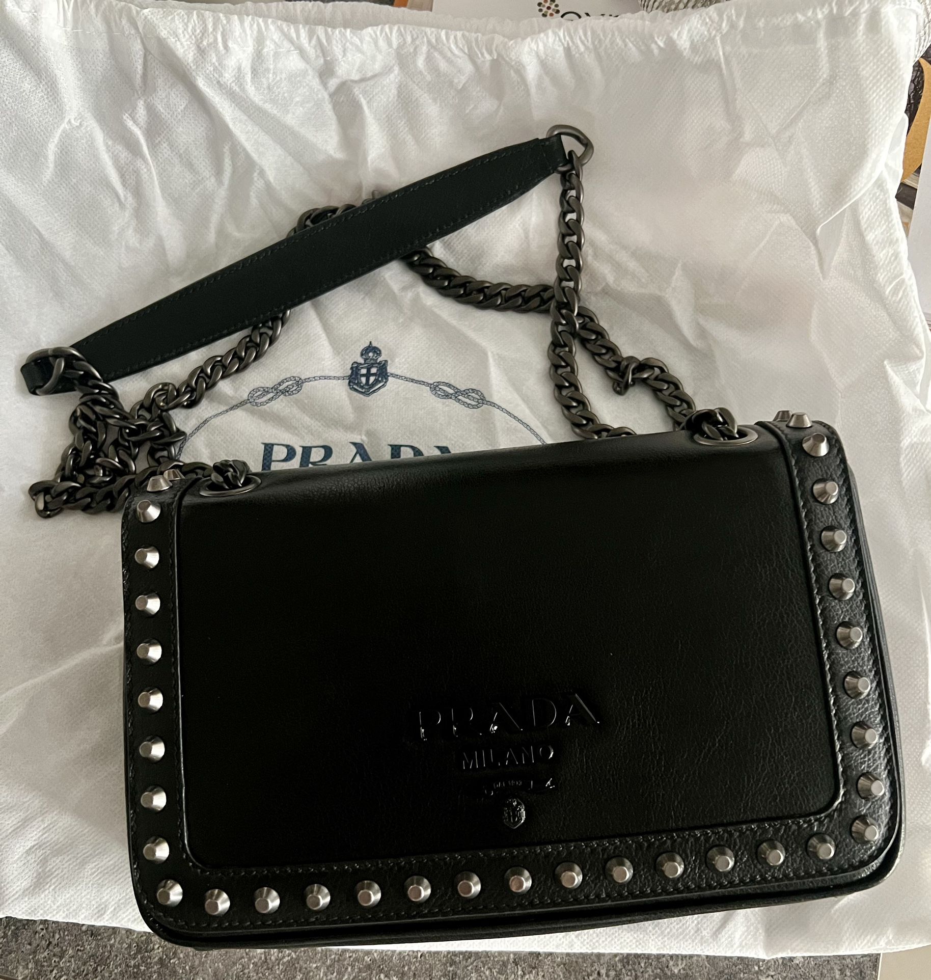 Prada Glace Calf Nero Black Pattina Studded crossbody bag
