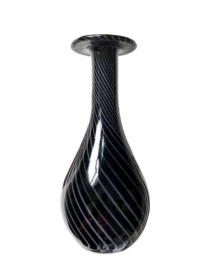 Vintage Mid Century Circa 70s Black Murano Silver Swirls Glass Vase Accent Decor