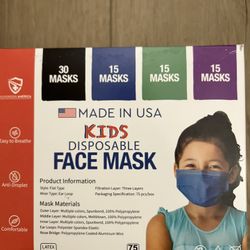75 Pcs Kids Face Mask Made In USA Disposable 3-ply Cover