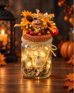 Handmade Halloween centerpiece with warm LED lights, decorative