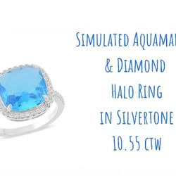 Stunning Simulated Aquamarine Halo Ring, Sz.8