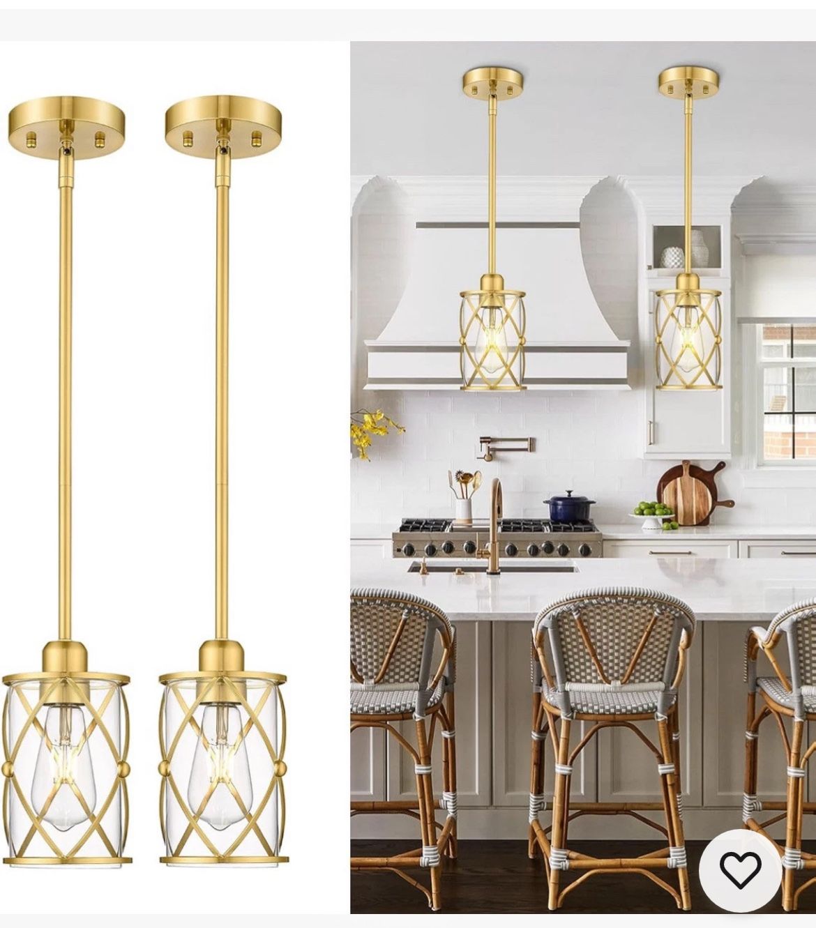 Brushed Gold Pendant Lights Kitchen Island, 2 Pack Brass Glass Pendant Light Fix