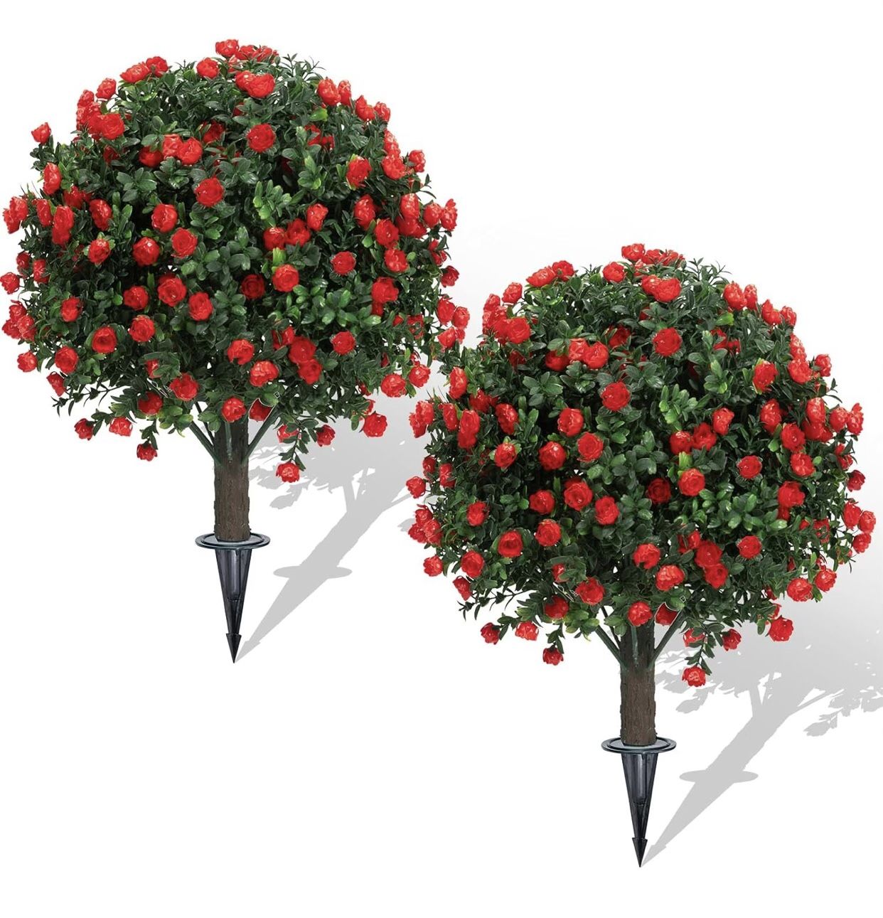 Set of 2 Artificial Boxwood Topiary Ball Trees with Red Flowers for Outdoor with Ground Spike 22", UV Resistant Faux Greenery Shrubs, Fake Plants for