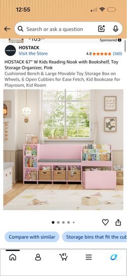Pink Kids Reading Bench with Storage and Bookrack