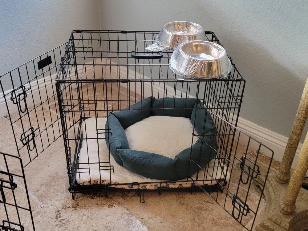 Brand New IN BOX Foladable 24' Sm'md Dog Crate 2 Doors W- Tray $40/ Add A Bed & 2 Bowls $15 Puppy Cat Cage Jaula De Mascota NEW Pet Supplies Xmas Gift
