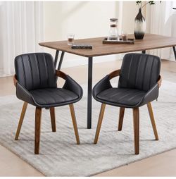 VipDesk Swivel Dining Chairs Set of 2, Mid Century Modern Dining Room Chairs with Arms and Mid Back PU Leather Upholstered Bentwood Kitchen Chairs for
