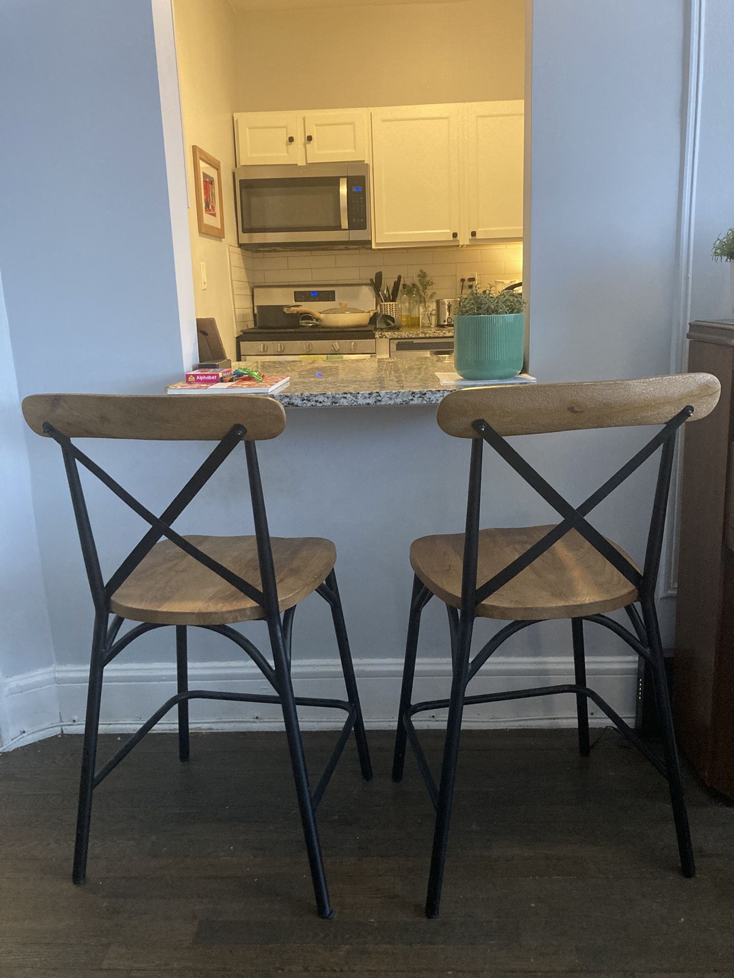Two modern wood bar stools/kitchen chairs