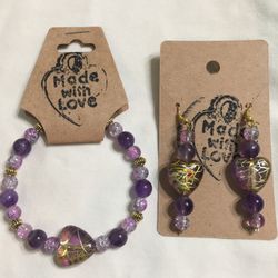 Beautiful Purple Heart Beaded Bracelet With Matching Earrings .