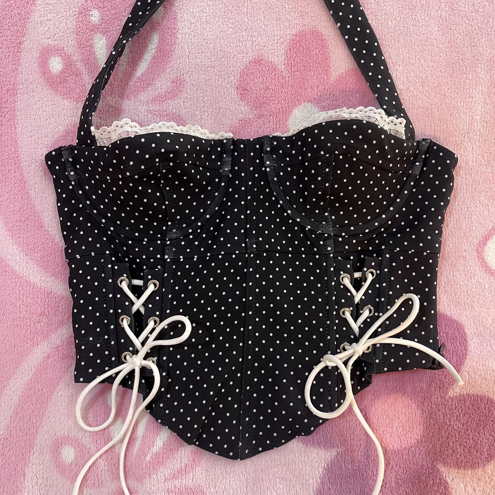 Edikted Black & White Polka Dot Corset Halter Top - Size: XS