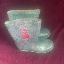 Blue Glitter Flamingo Rain Boots 