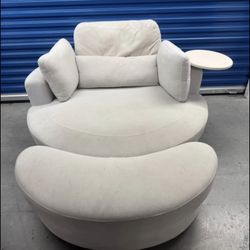 DEINPPA Swivel Accent Chair with Armrest Tray, Round Barrel Chairs with Ottoman for Living Room Bedr