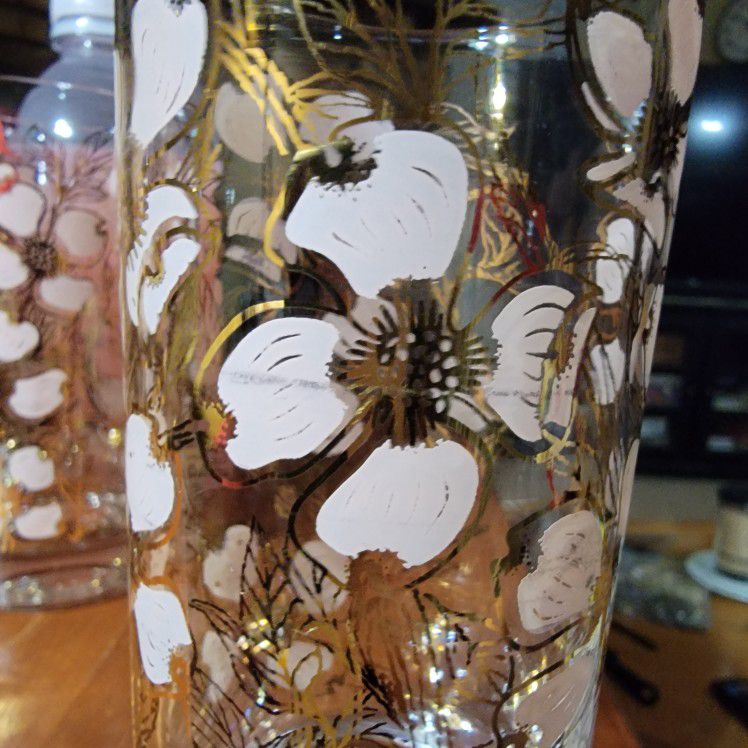 Vintage Fred Press Signed Highball Glasses With Dogwood Flowers Set Of 7