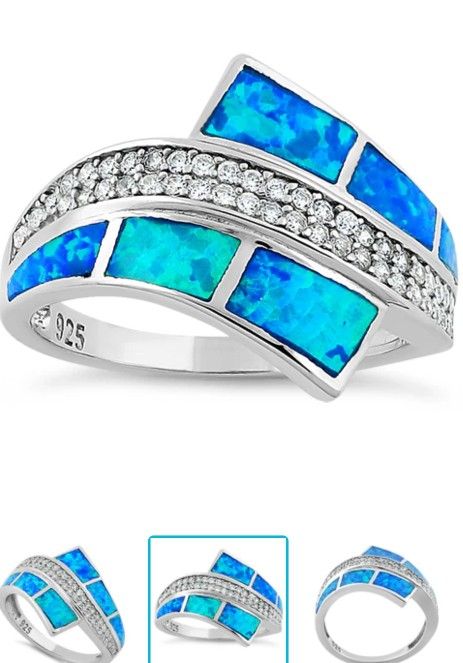 Elegant Blue Lab Opal & Clear Sterling Silver CZ Ring