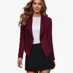 Hybrid & Company Womens Casual Work Office Blazer Open Front Heavy Ponti Shawl Collar Long Sleeve Jacket/ Brand New Size : Large / Burgundy Color /