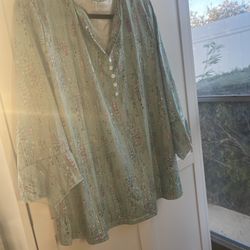 Women's Green Floral 3/4 Sleeve Blouse, Size 3XL