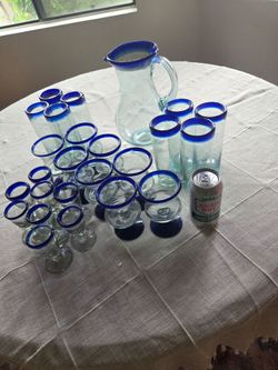 Mexican Blown Glass Pitcher and Glasses Set