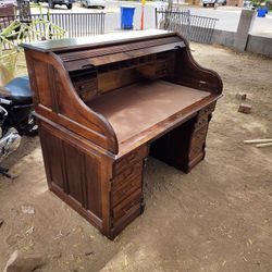 Roll Top Oak Wood Antique Desk