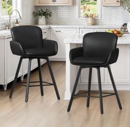 26" Swivel Bar Stools Set of 2, Counter Height Bar Stools with Backrest and Arms, Modern Upholstered Barstools with Metal Legs for Kitchen Island, Bla
