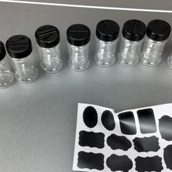 12 clear salt pepper spice dispensary containers with labels and pens