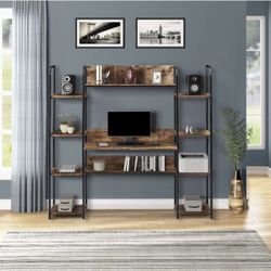 Home Office Computer Desk with Storage Hutch & Double Bookcase,Study Writing Table Corner Desk with Storage Bookshelf,Brown