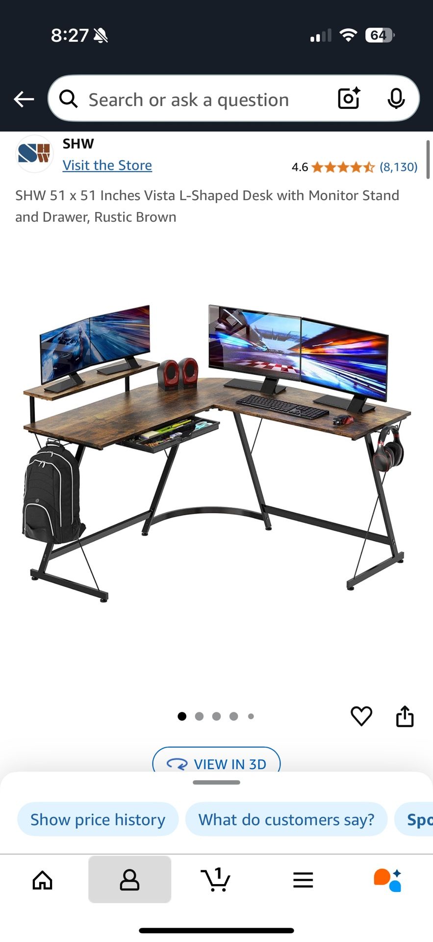 SHW 51 x 51 Inches Vista L-Shaped Desk with Monitor Stand and Drawer, Rustic Brown