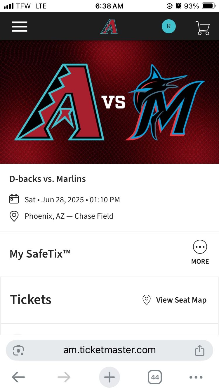 Florida Marlins @ Arizona Diamondbacks 6/28 Tickets