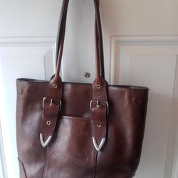 Wilson's Leather Womens Handbag Shoulder Silver Buckles Outside Pocket Brown